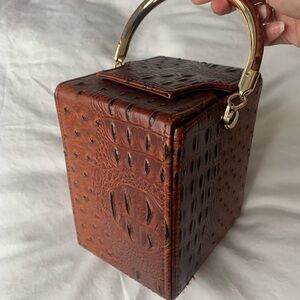 Elegant Brown Ostrich-Embossed Mini Square Bag